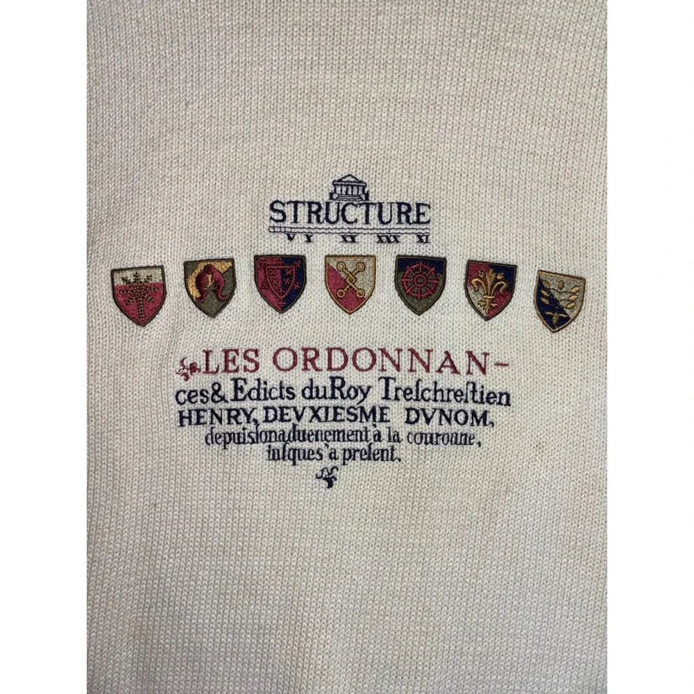 Vintage Structure Mens XL Cream Knit Sweater Heraldic Crest Embroidered Cotton